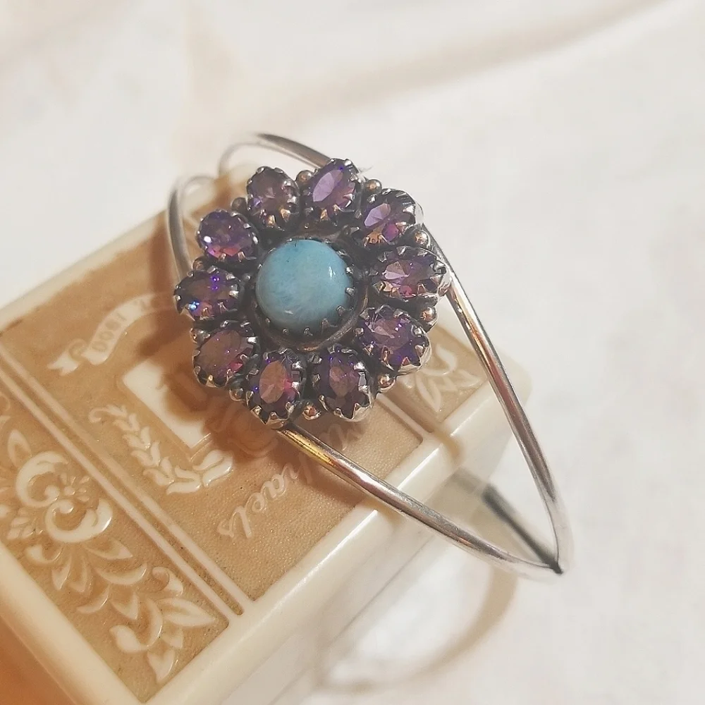 20.91 Carats! TANZANITE LARIMAR Sterling Bangle Bracelet Vintage - Picture 7 of 8